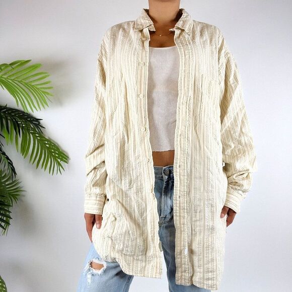 Vintage Y2K Ralph Lauren Cream Coastal Oversized Striped Button Up Shirt / Sz: L - Picture 3 of 6